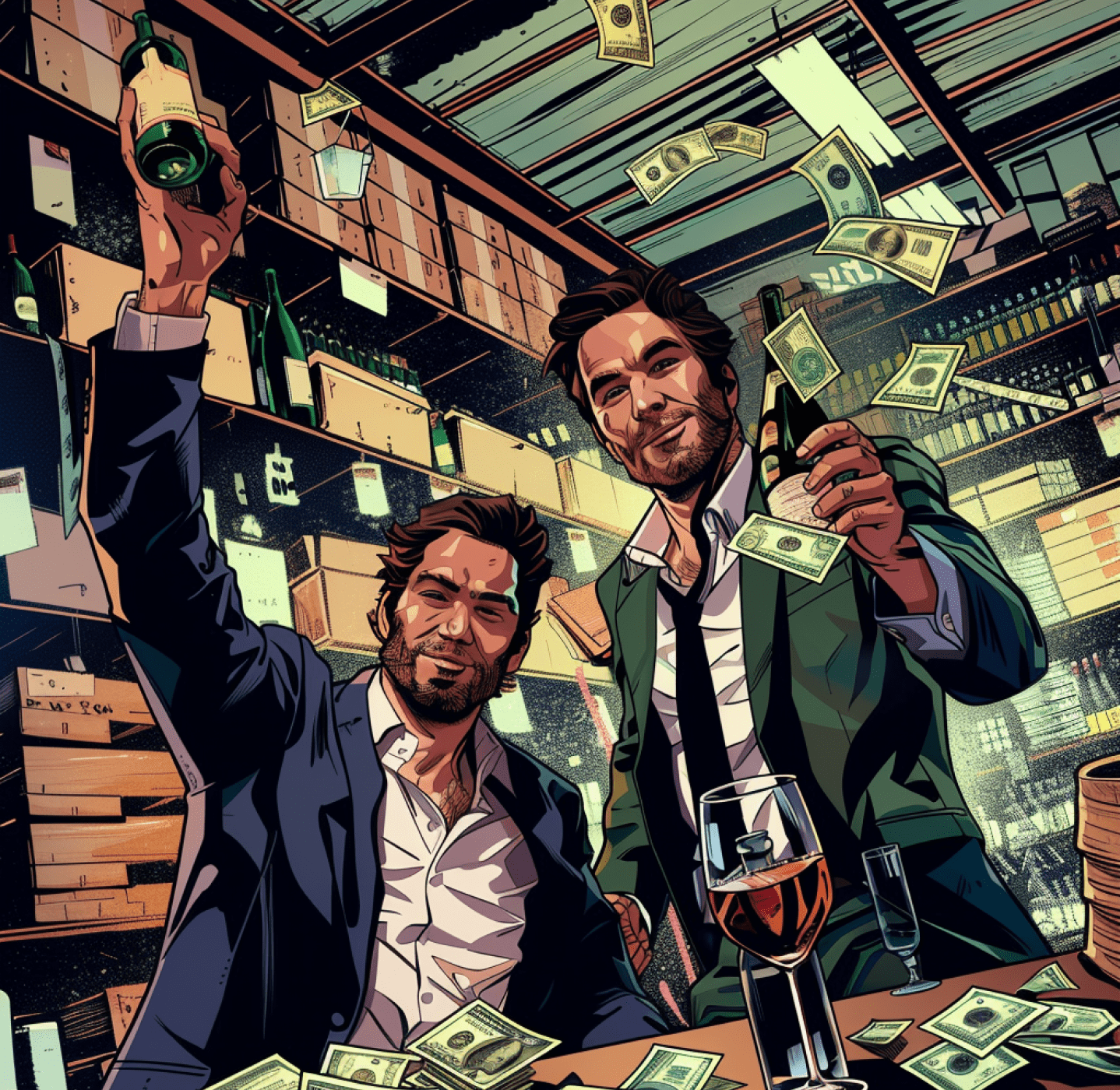 Illustration of two individuals celebrating success